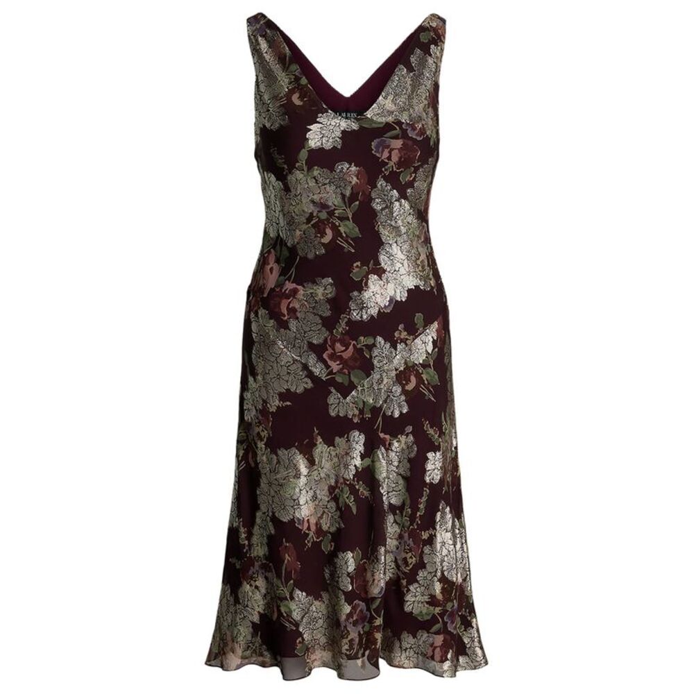Lauren Ralph Lauren Womens Floral Metallic Jacquard Cocktail Dress 12 Burgundy